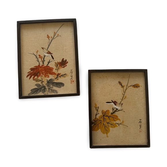 Other - Vintage Asian Hand Painted Fabric Art Bird & Floral Wood Panels Signed Set of 2